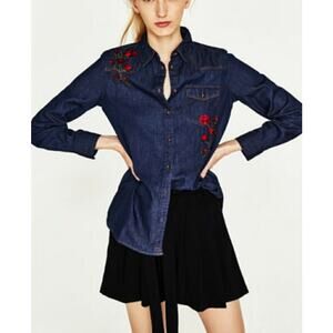 ZARA Basic Embroidered Dark Wash Denim Long Sleeve Size XS